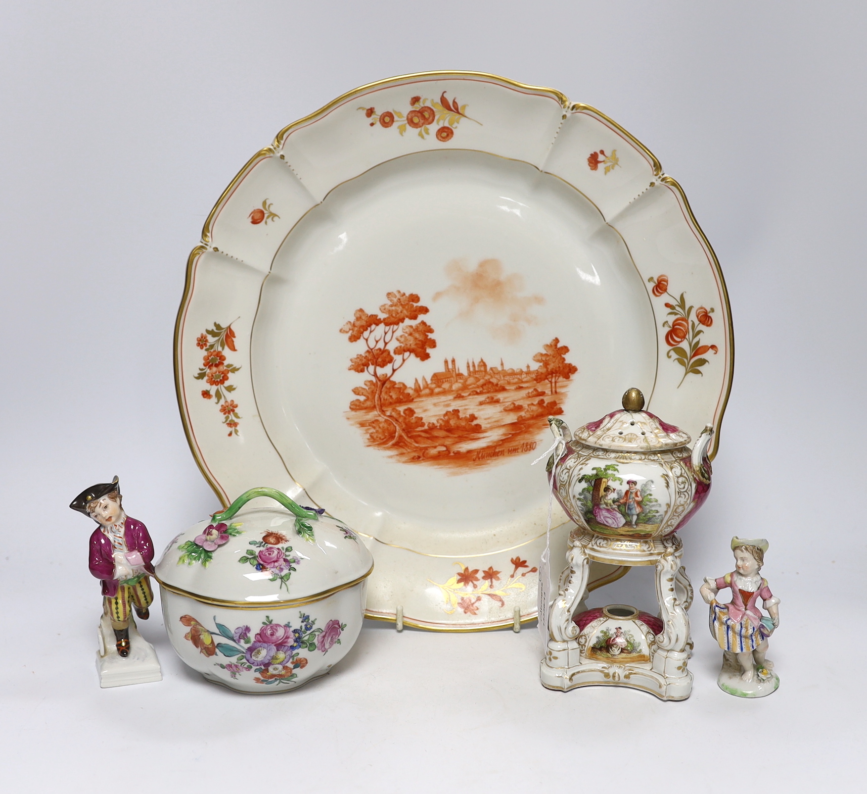 A Dresden porcelain box and cover, a Berlin brule parfum, two figures and a Nymphenburg Munich 1880-1980 commemorative dish, diameter of the dish 33cm